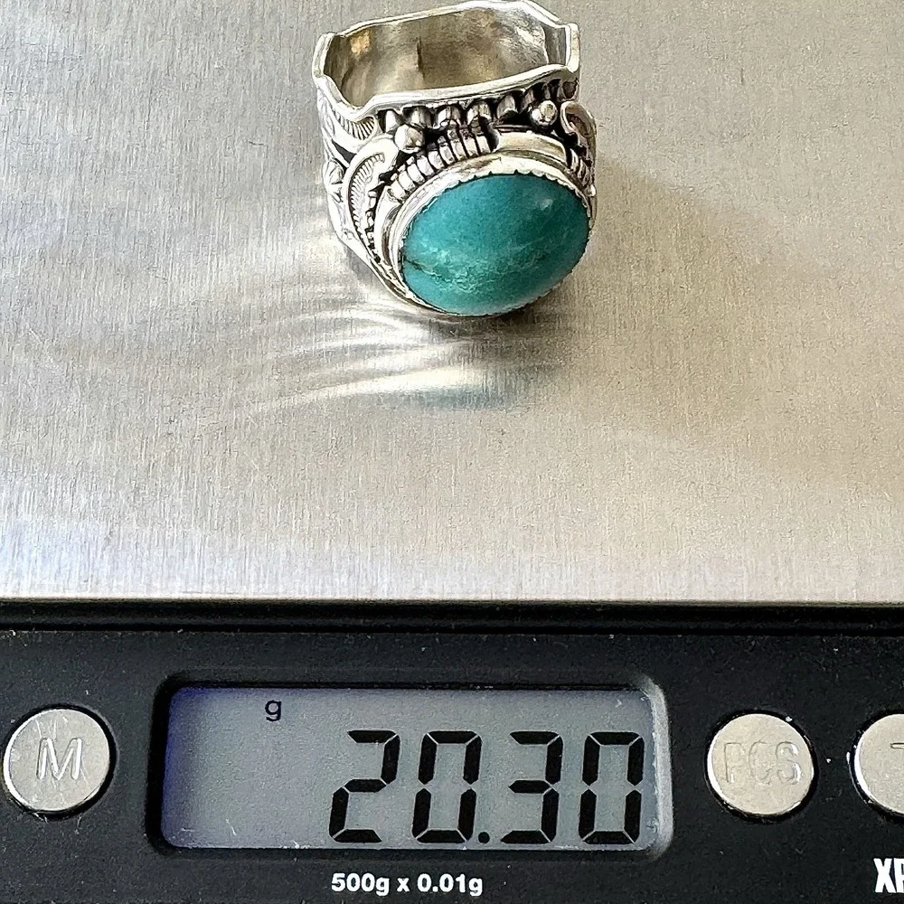 BIG Navajo Mens Turquoise Ring Sz 11 Wide Band Signed Lee Sterling Native Amer